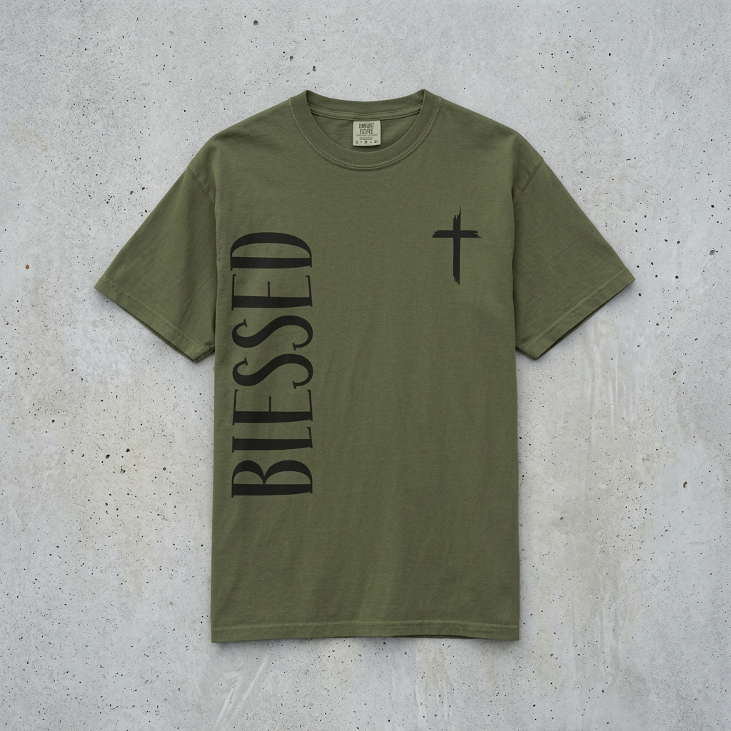 Blessed Cross T-Shirt – Vertical 'BLESSED' Typography Christian Tee