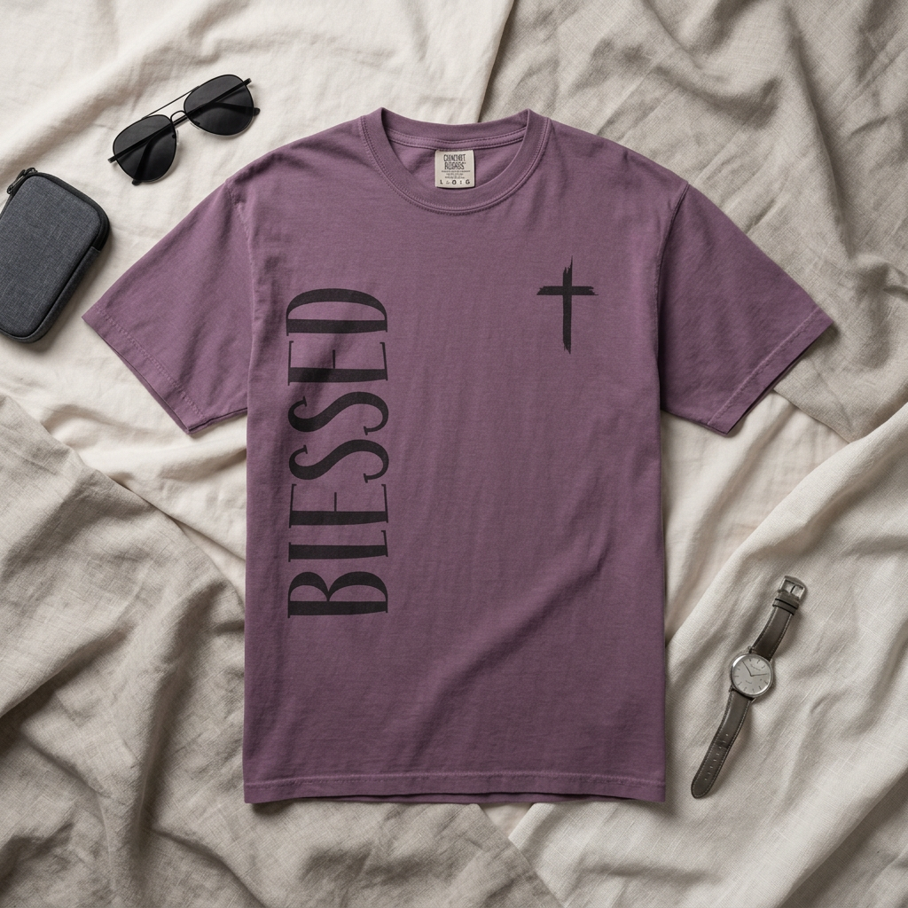 Blessed Cross T-Shirt – Vertical 'BLESSED' Typography Christian Tee
