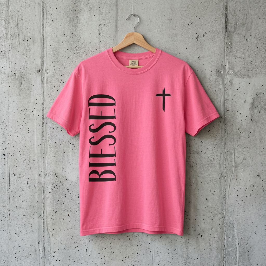 Blessed Cross T-Shirt – Vertical 'BLESSED' Typography Christian Tee