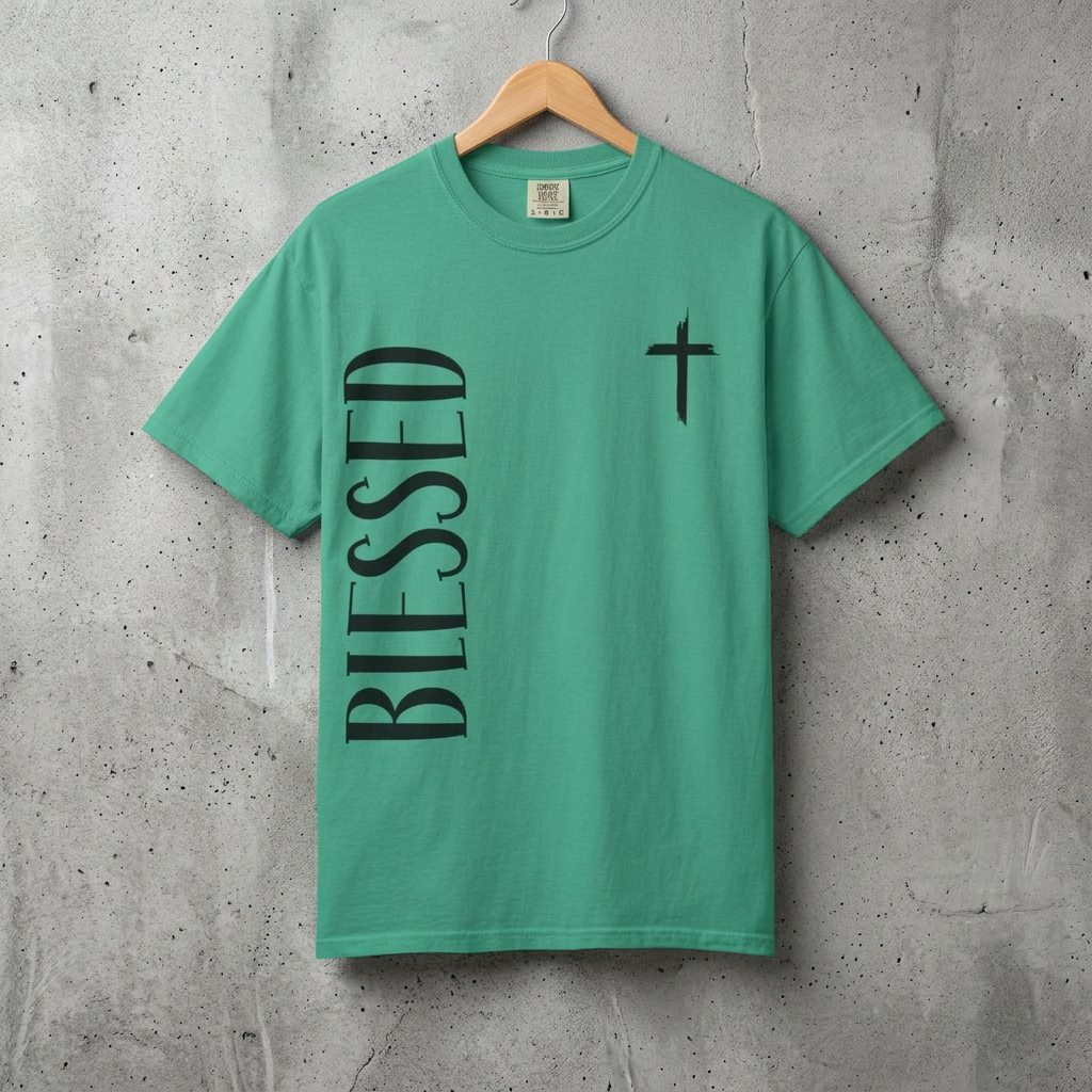 Blessed Cross T-Shirt – Vertical 'BLESSED' Typography Christian Tee