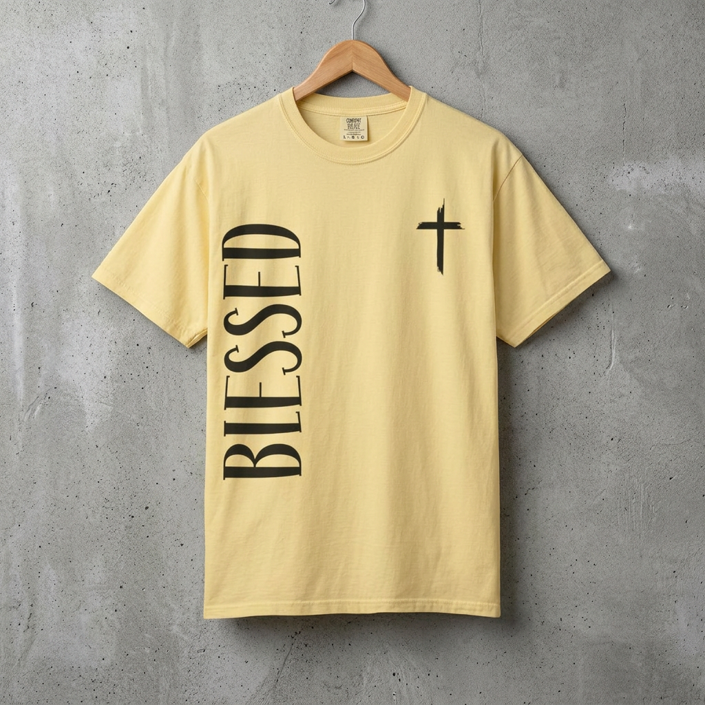 Blessed Cross T-Shirt – Vertical 'BLESSED' Typography Christian Tee