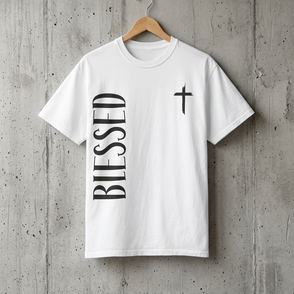 Blessed Cross T-Shirt – Vertical 'BLESSED' Typography Christian Tee